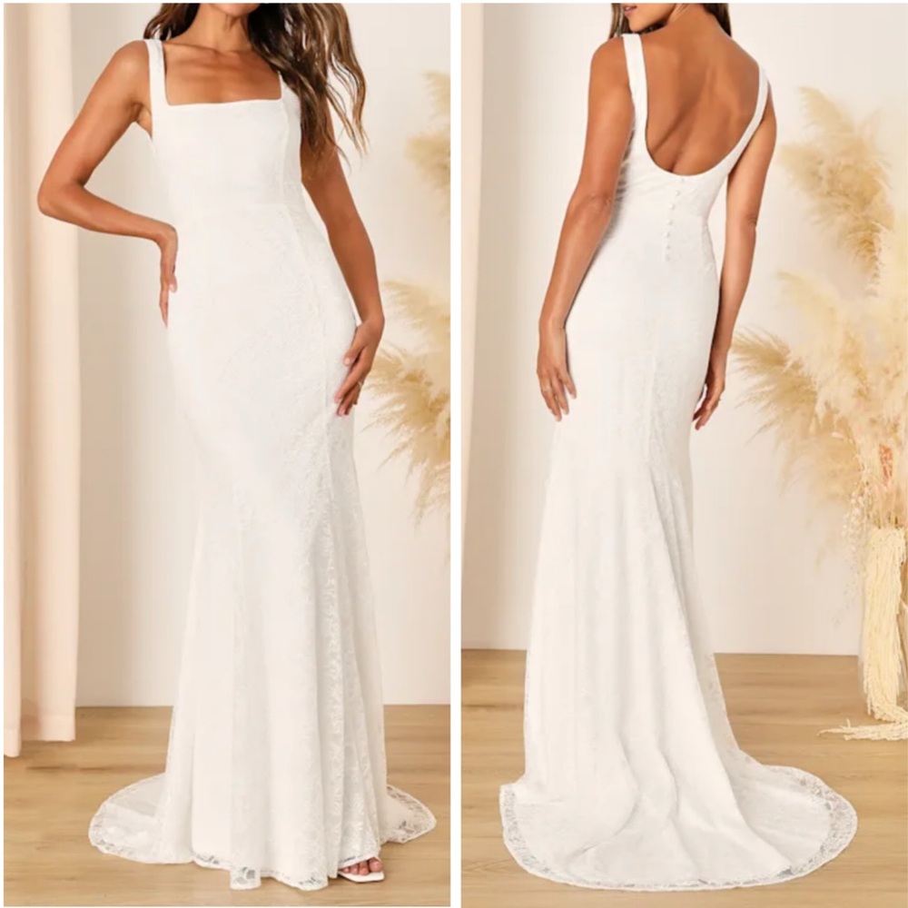 Lulus Eternal Happiness White Lace Square Neck Mermaid Maxi Dress Large New
